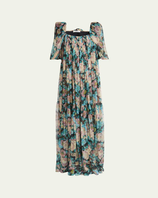 Long Floral Puff-Sleeve Silk Dress